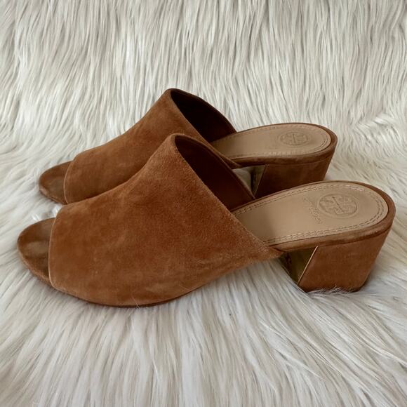 Tory Burch Salinas Mule Suede Leather Open Toe Block Heel Sandals, Tan - Picture 5 of 11